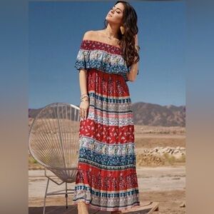 Altar'd State Floral Off-Shoulder Maxi Dress - Red and Blue
